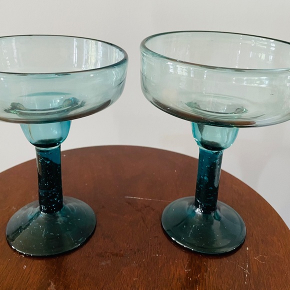 Pair (2) blown aqua blue-green recycled glass margarita glasses, Barware - Picture 3 of 5